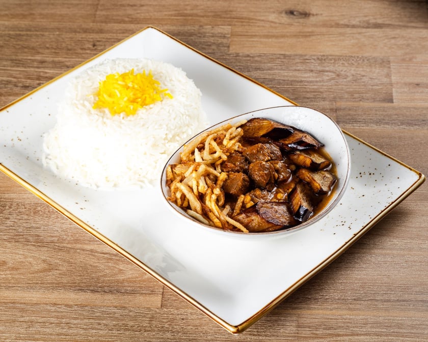 Chef's Special Gheimeh Bademjan served with soup &pop / چلو خورشت قیمه بادمجان