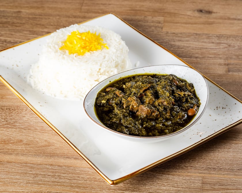 Chef's Special Ghormeh Sabzi served with soup &pop / چلو خورشت قرمه سبزی