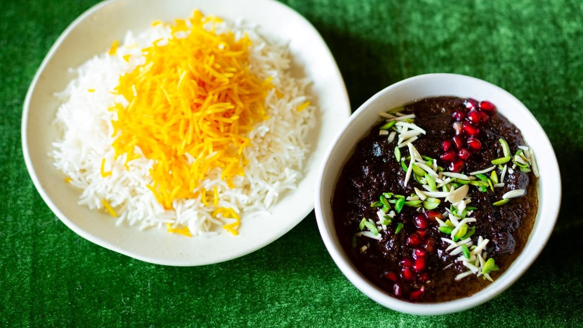 Fesenjoon with Mushroom (Vegan) + Saffron Basmati Rice