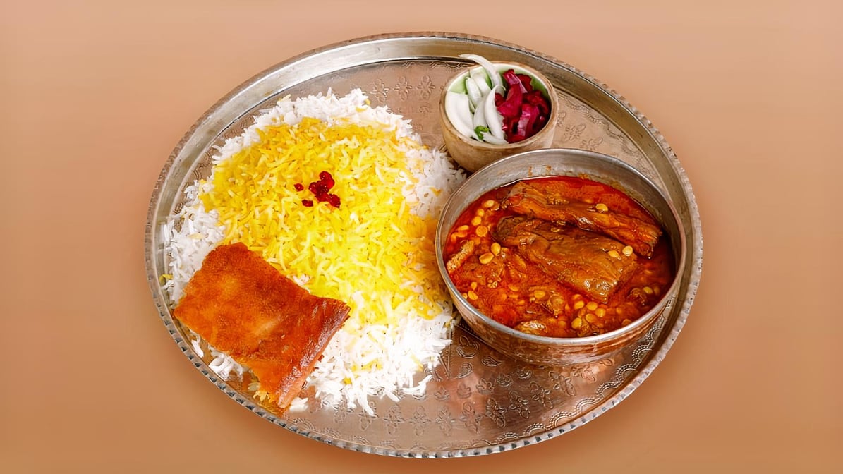 Gheimeh Bademjan Stew with Rice(قیمه بادمجون) (served with Soup or Pop)