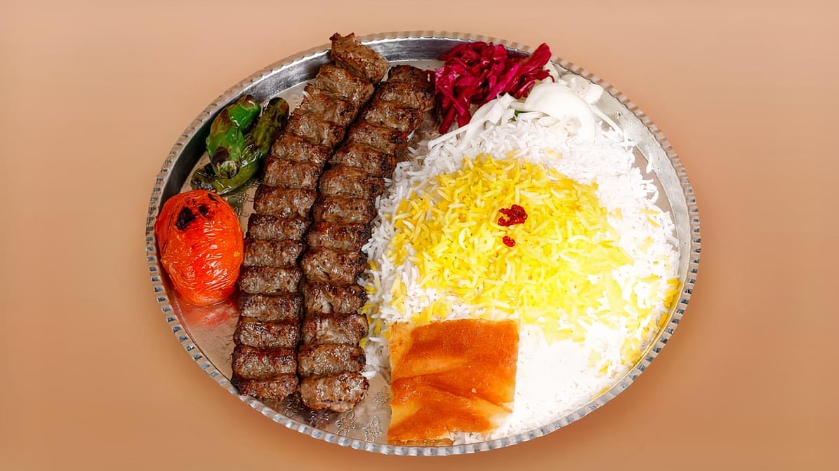 Koobideh Plate(کباب کوبیده ۲ سیخ ) (Served With Soup Or Pop)