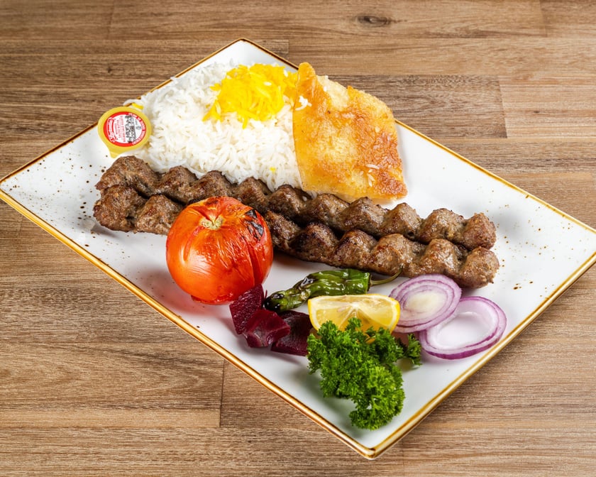 Royal Koobideh Platter served with soup &pop / چلو کباب کوبیده