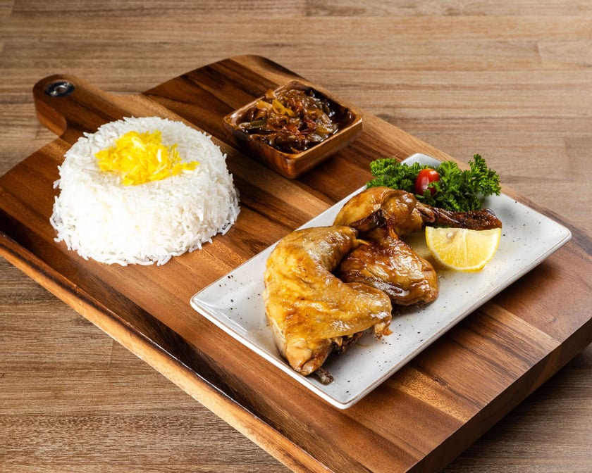 Signature Baked Chicken Platter served with soup &pop / چلو مرغ سرخ شده
