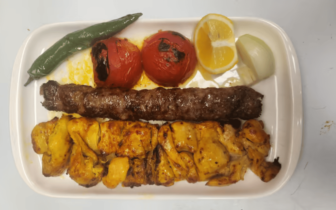 Vaziri Kebab: 1 Skewer Koobideh+ 1 Skewer Leg Chicken Kabab+Saffron Rice